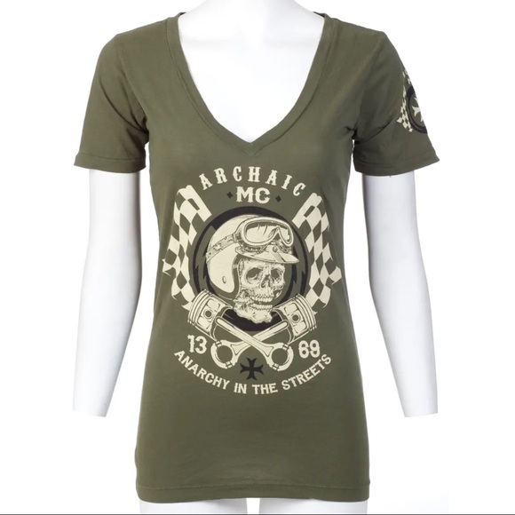 Archaic by Affliction Women's T-shirt Hot Piston Biker Tattoo - Picture 5 of 9